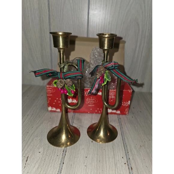 Vtg 1985 Enesco Brass Trumpet/Bugle Shaped Candle Holders 7" Christmas W/Box - Picture 1 of 5